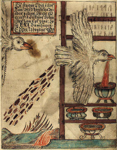 Óðin pursued by Suttung, both in eagle form. Note the Mead of Poetic Inspiration being spat into vessels, with the mead for inferior poets coming out the other end. (en.wikipedia.org)